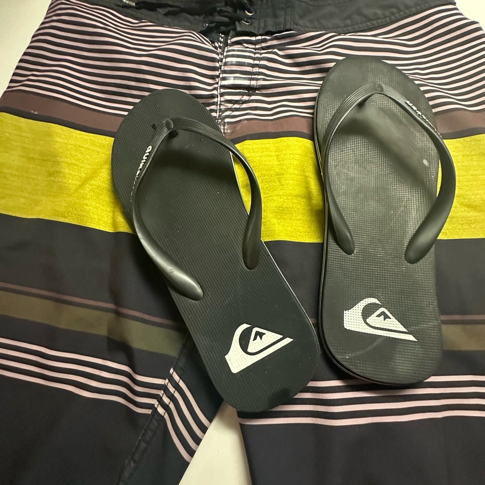 Quick Silver Striped Black and Yellow Board Shorts & Flip Flops